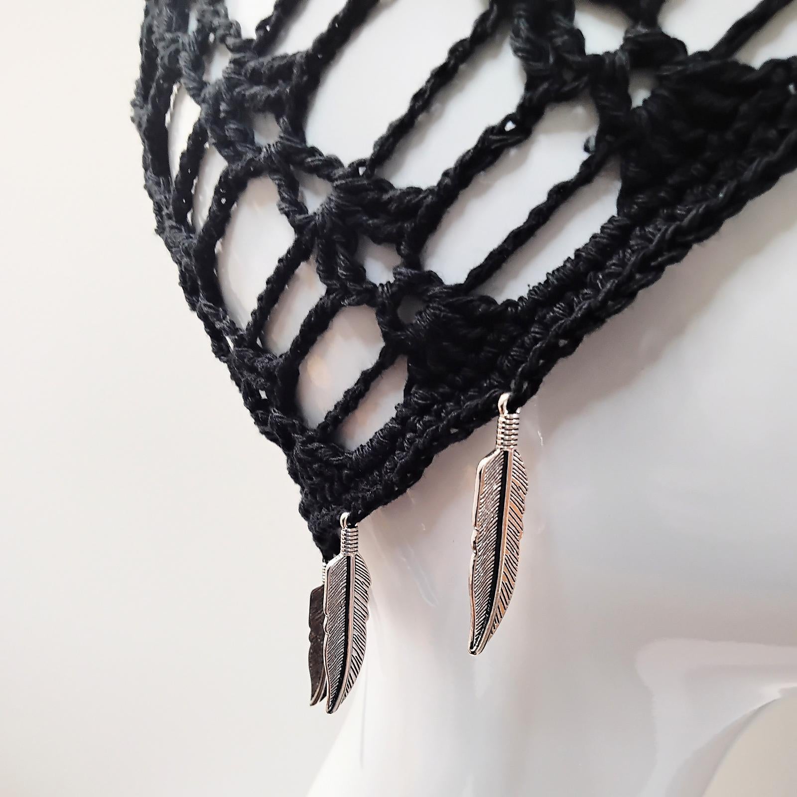 Crochet Mesh Skull Cap with Feather Charms