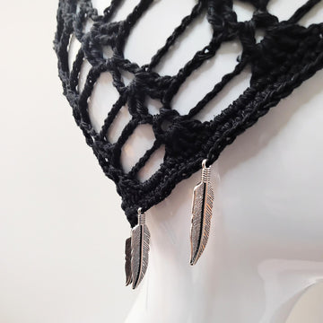 Crochet Mesh Skull Cap with Feather Charms