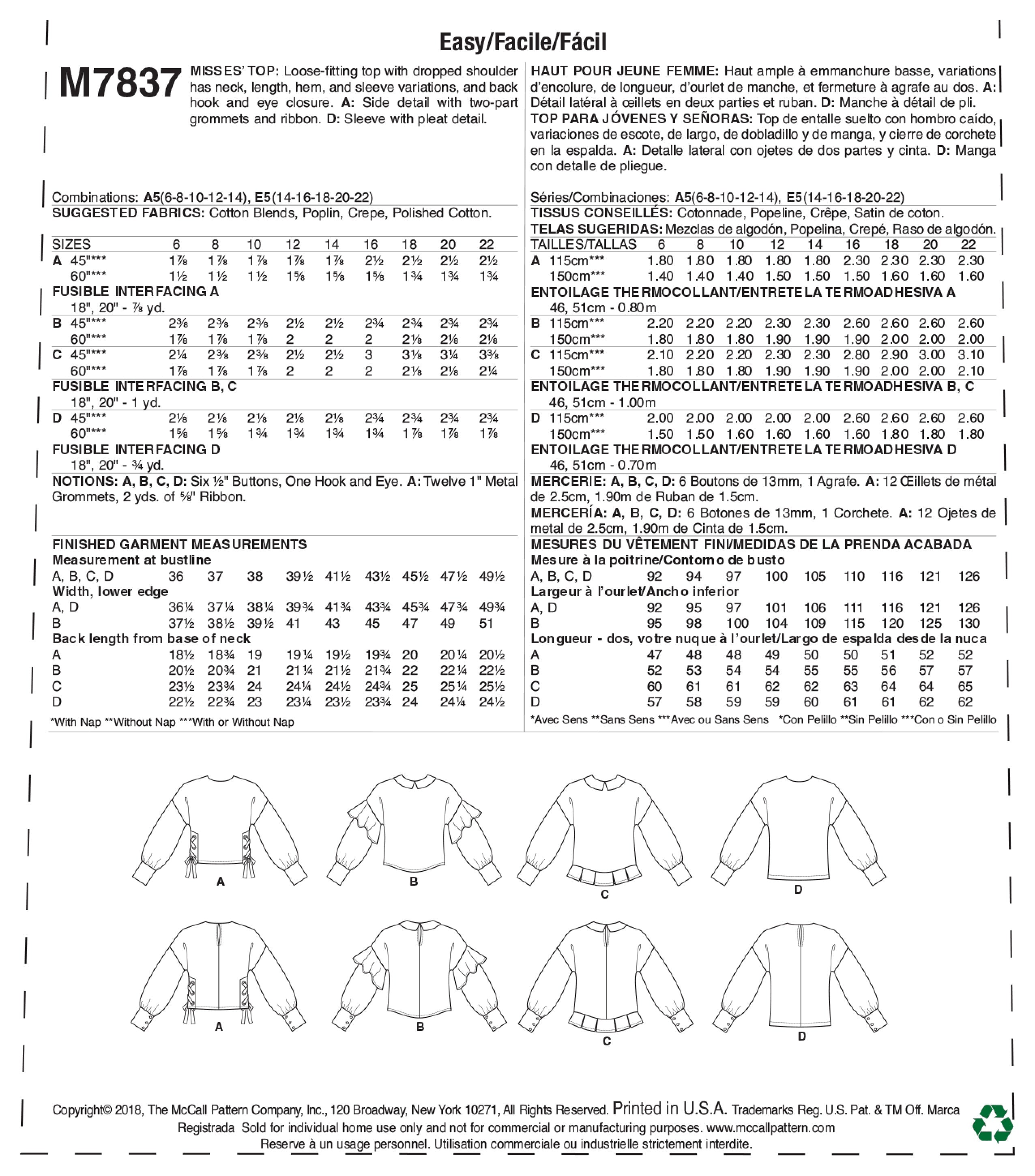 McCall's Misses' Top M7837 - Sewing Pattern