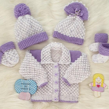Arya baby knitting pattern cardigan, hats, booties & mitts 16-18" chest