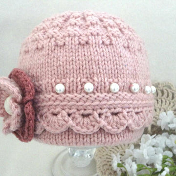 Knitted Baby Girl Hat with Crochet edging and Flower