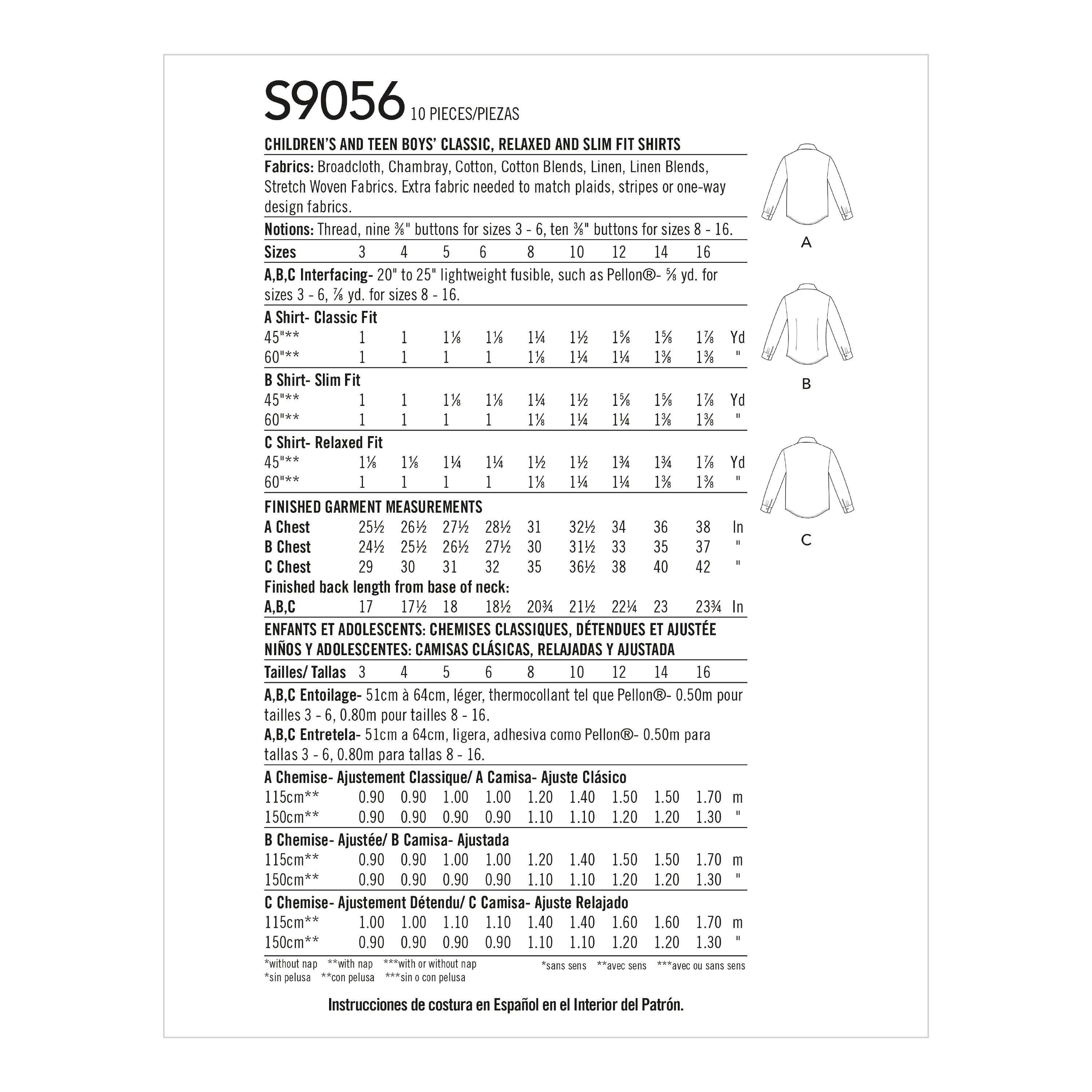 Simplicity Children's & Teen Boys' Shirts S9056 - Sewing Pattern