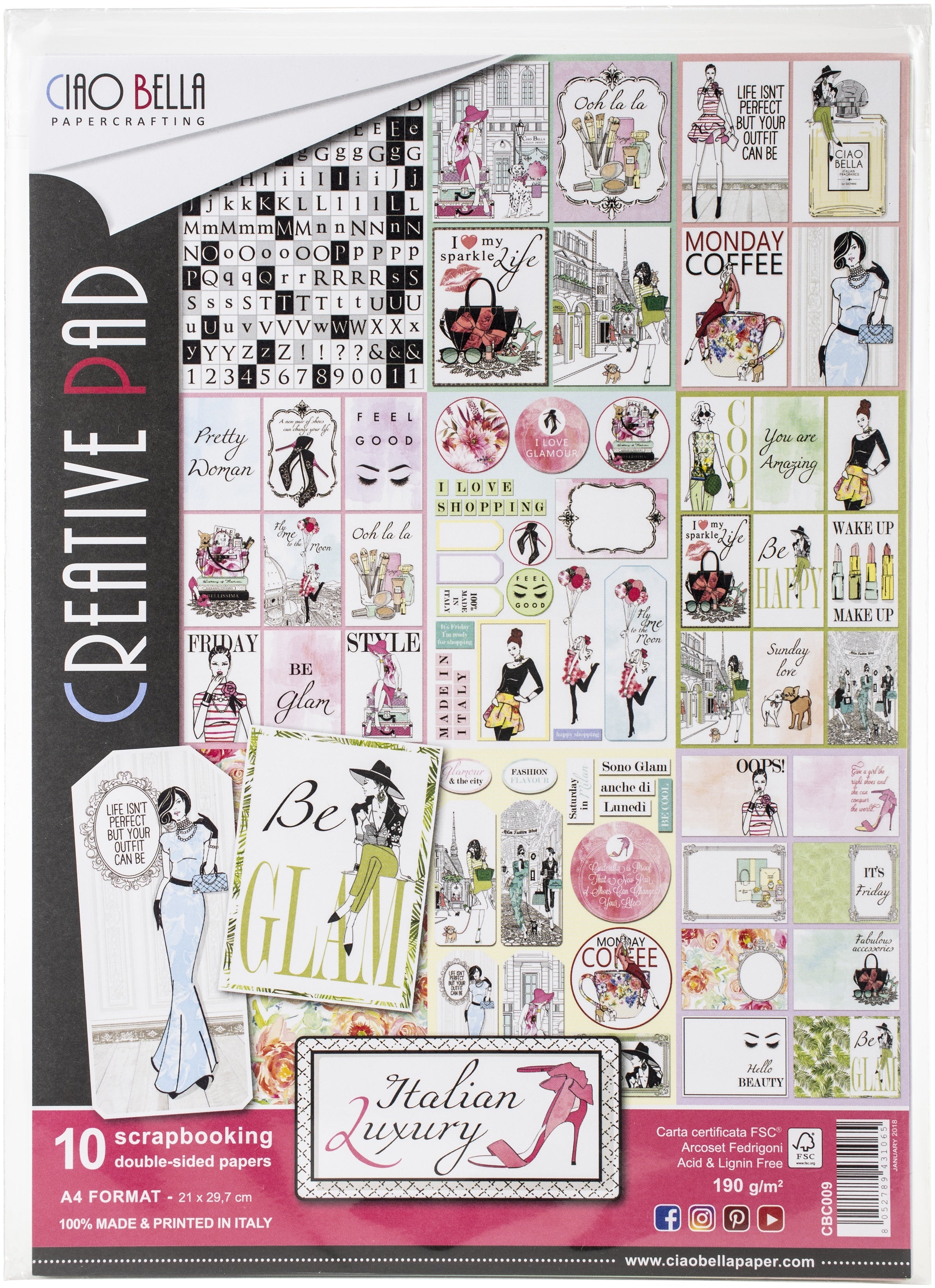 Ciao Bella Double-Sided Paper Pack 90lb A4 10/Pkg - Italian Luxury, 10 Designs/1 Each