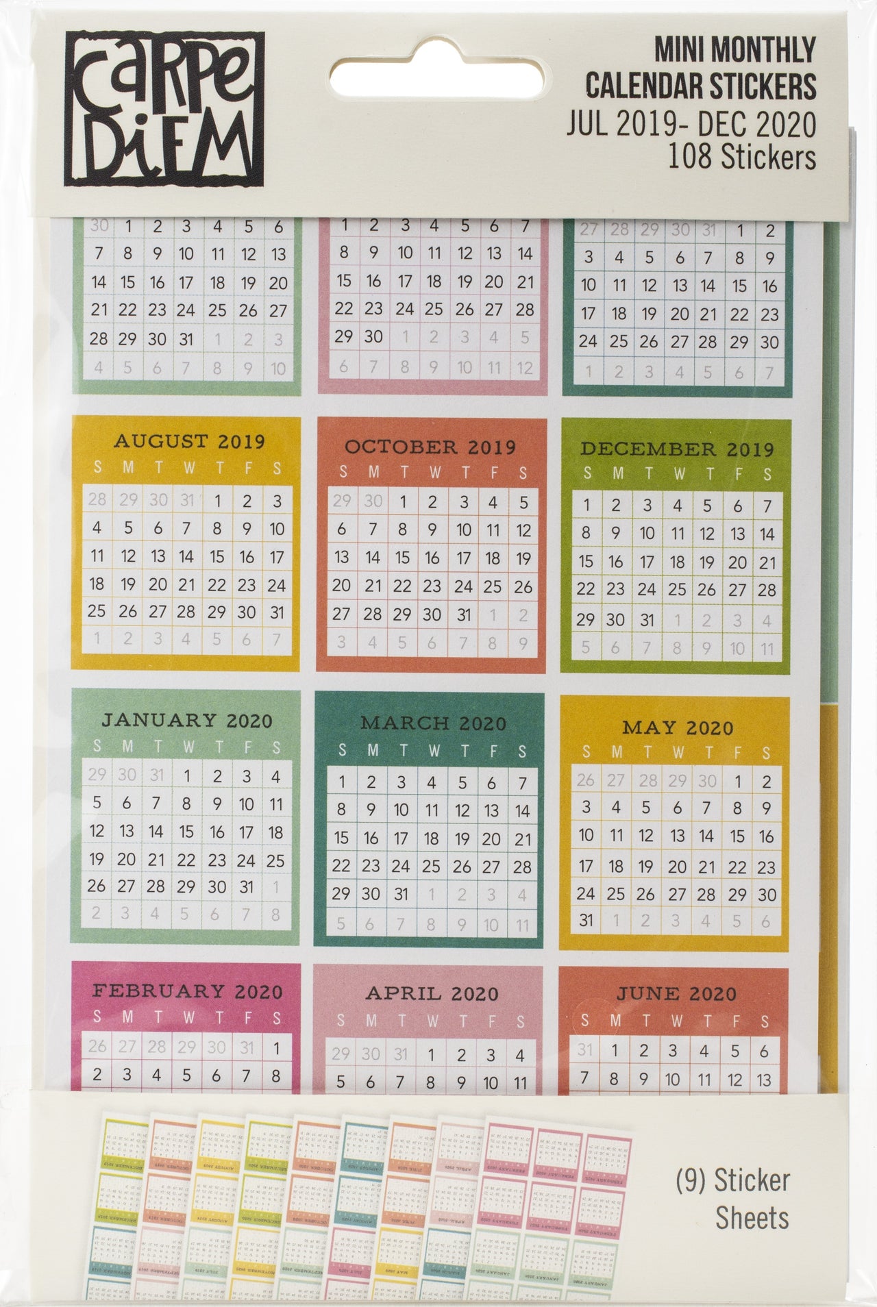 Carpe Diem Dated Mini Calendar Stickers 4"X6" 9/Pkg - Monthly, July 2019-December 2020