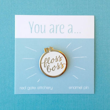 Red Gate Stitchery Floss Boss Enamel Pin - White