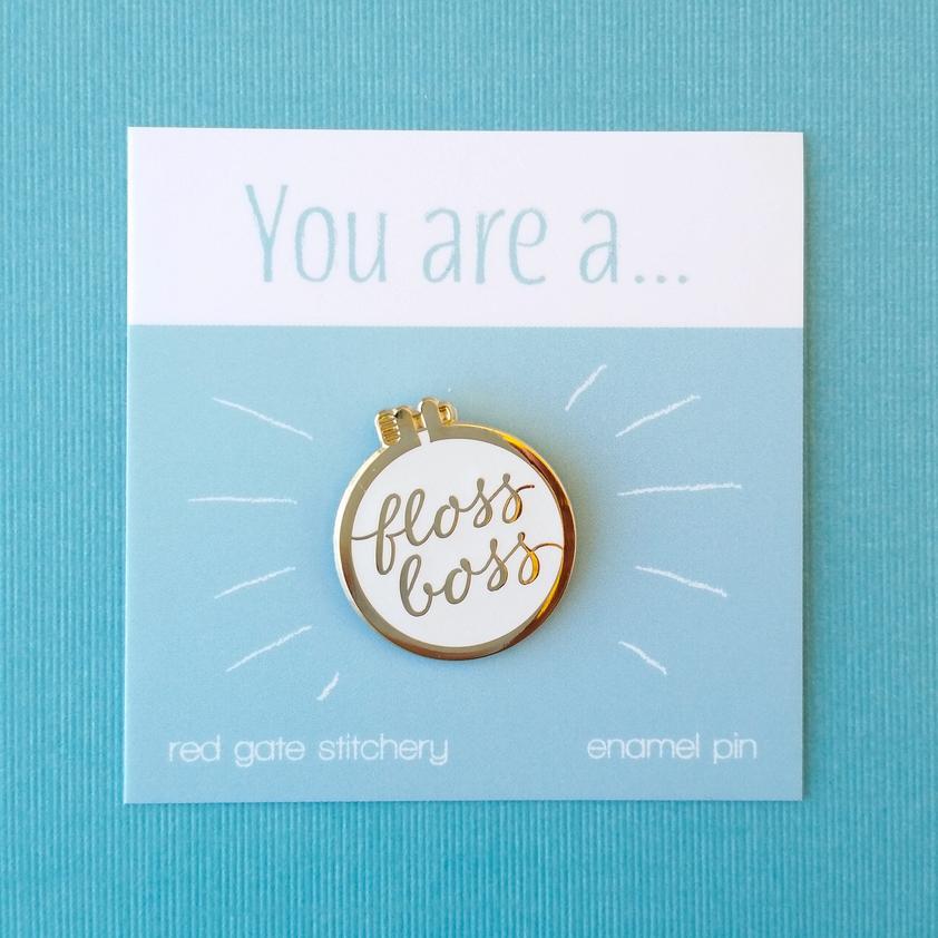 Red Gate Stitchery Floss Boss Enamel Pin - White