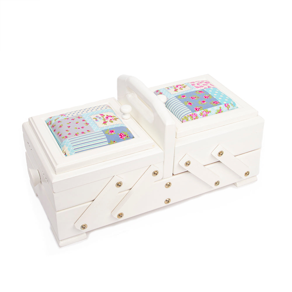 Sewandso Sewing Box with Blue Quilt Cushion Lids, Beech Wood