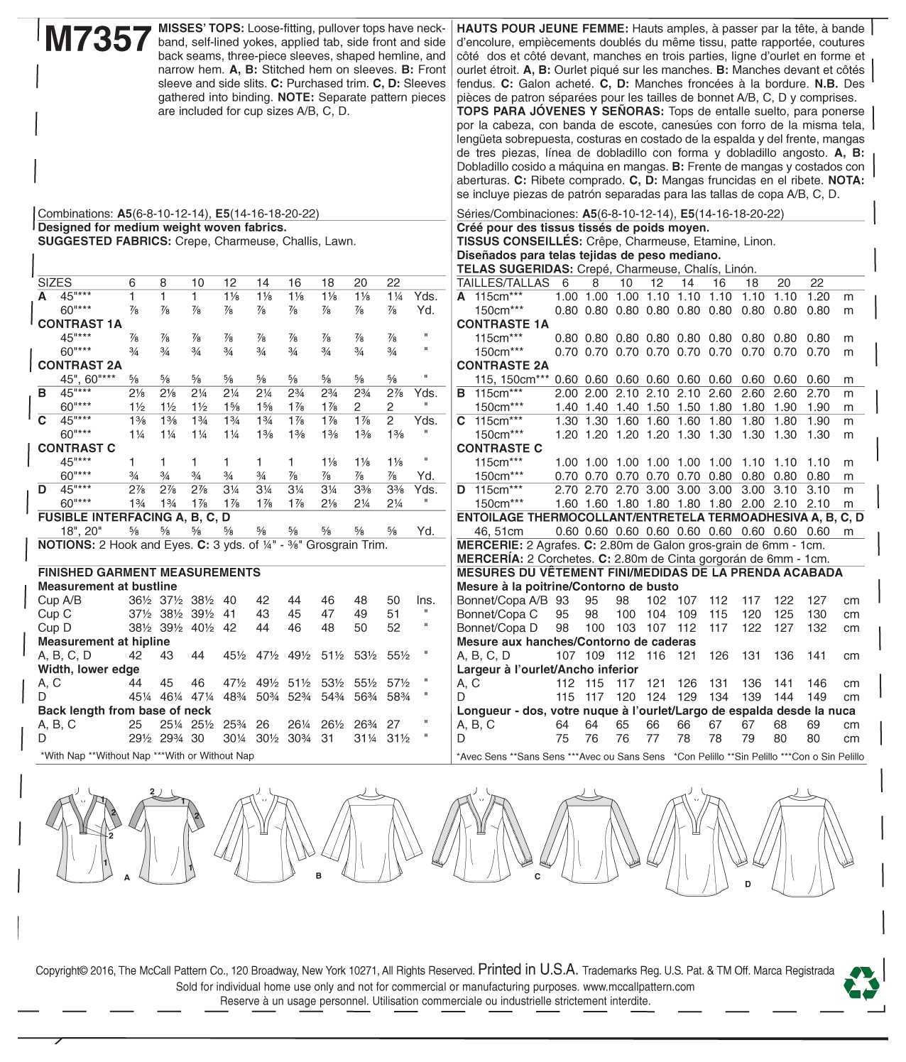 McCall's Misses' Banded Tops with Yoke M7357 - Sewing Pattern