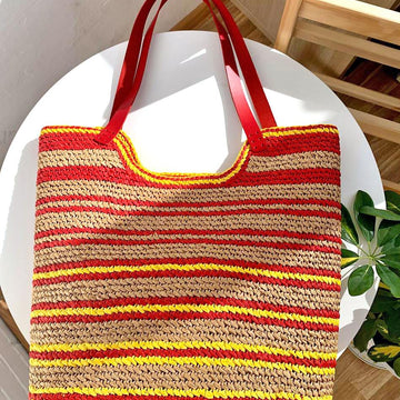 Crochet Raffia Beach Bag Pattern, Striped Tote with Leather Handles