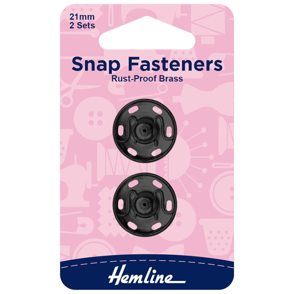 Hemline Snap Fasteners: Sew-on: Black: 21mm: Pack of 2