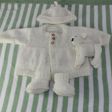 New Baby Matinee Coat, Booties Beanie and Toy Lamb