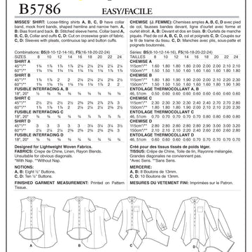 Butterick Misses' Shirt B5786 - Sewing Pattern