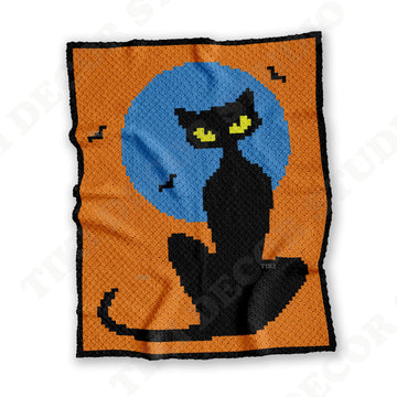 Home Decor Spooky Throw Halloween Black Cat Orange Blanket C2C Crochet Pattern