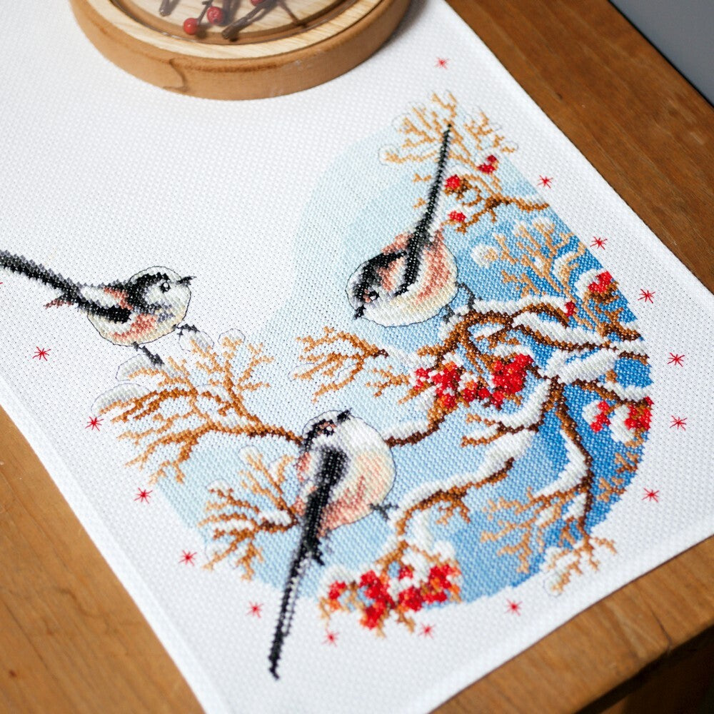 Vervaco Long-tailed Tits & Red Berry Tablerunner Cross Stitch Kit - 32cm x 84cm