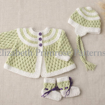 Plaited Petal Set – Cardigan, Hat & Bootees | P64 | Doll or Baby | Elizabeth Primrose Patterns