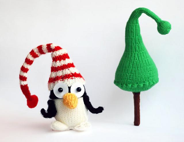 New Year Penguin in hat with Christmas tree