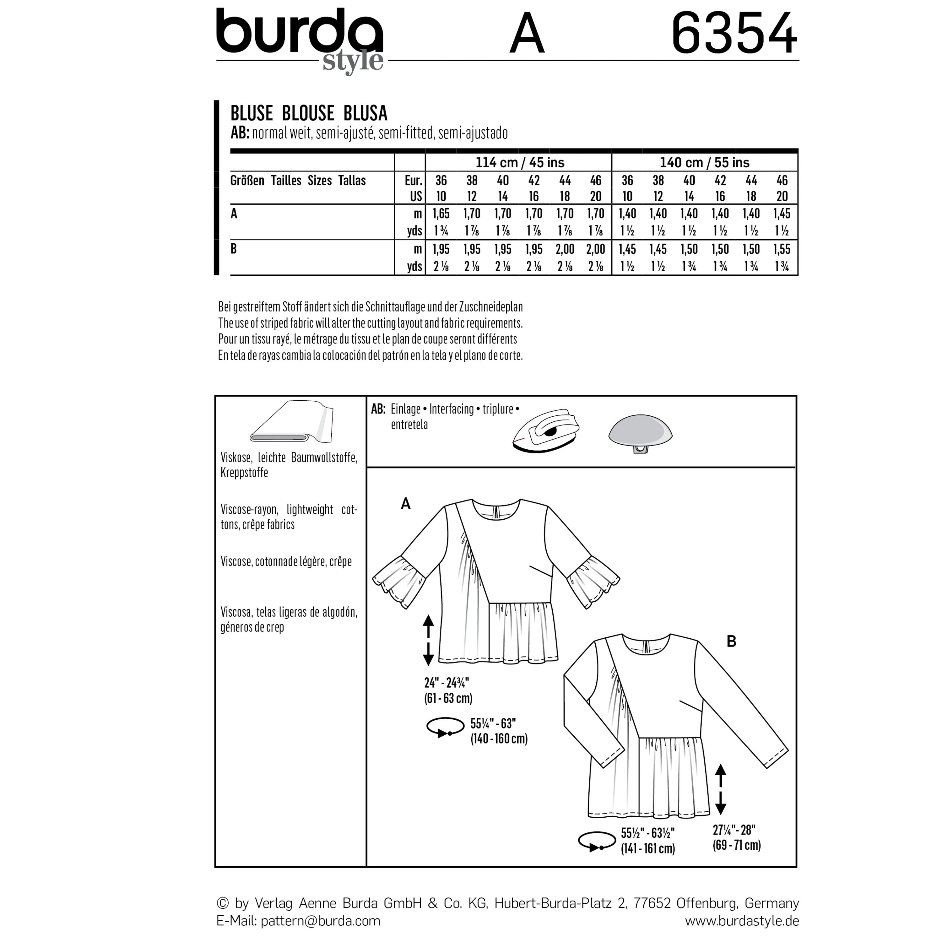 Burda Style Women's Blouse B6354 - Paper Pattern, Size 10-20