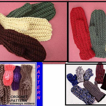 120 sideways mittens, crochet pattern, AGE 2 TO ADULT