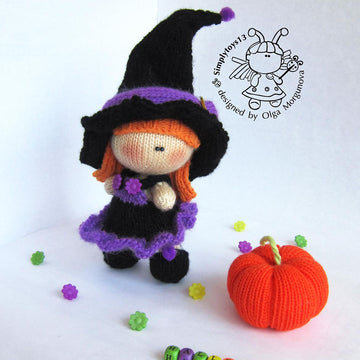 Young Witch doll and Pumpkin knitted flat