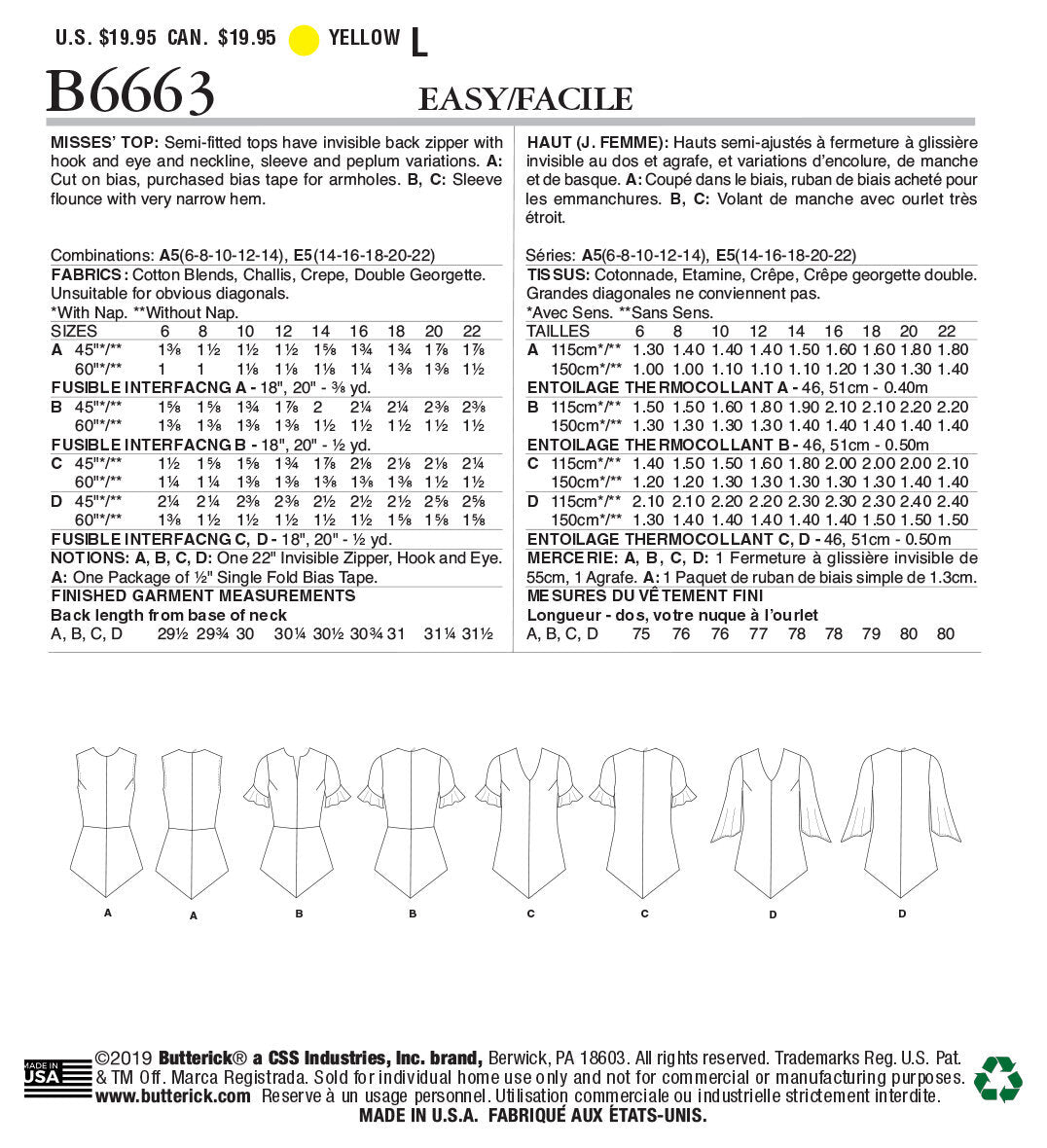 Butterick Misses' Top B6663 - Sewing Pattern