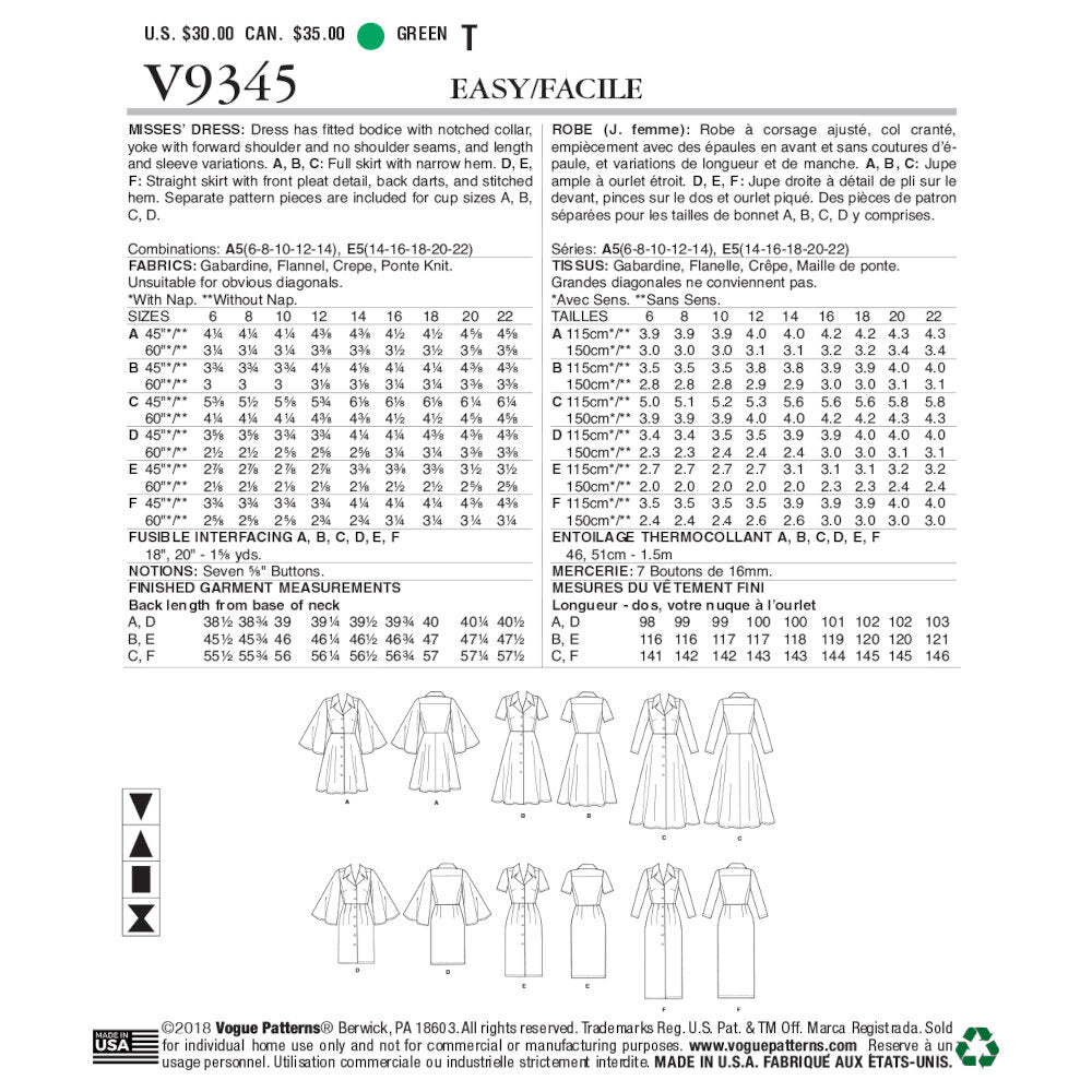 Vogue Misses' Dress V9345 - Sewing Pattern