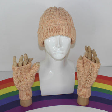 Adult Teen Aran Double cable Beanie Hat & Fingerless Gloves Circular