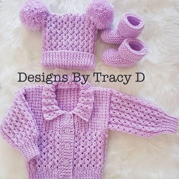 Skye baby knitting pattern, 0-6mths Cardy, hat and booties