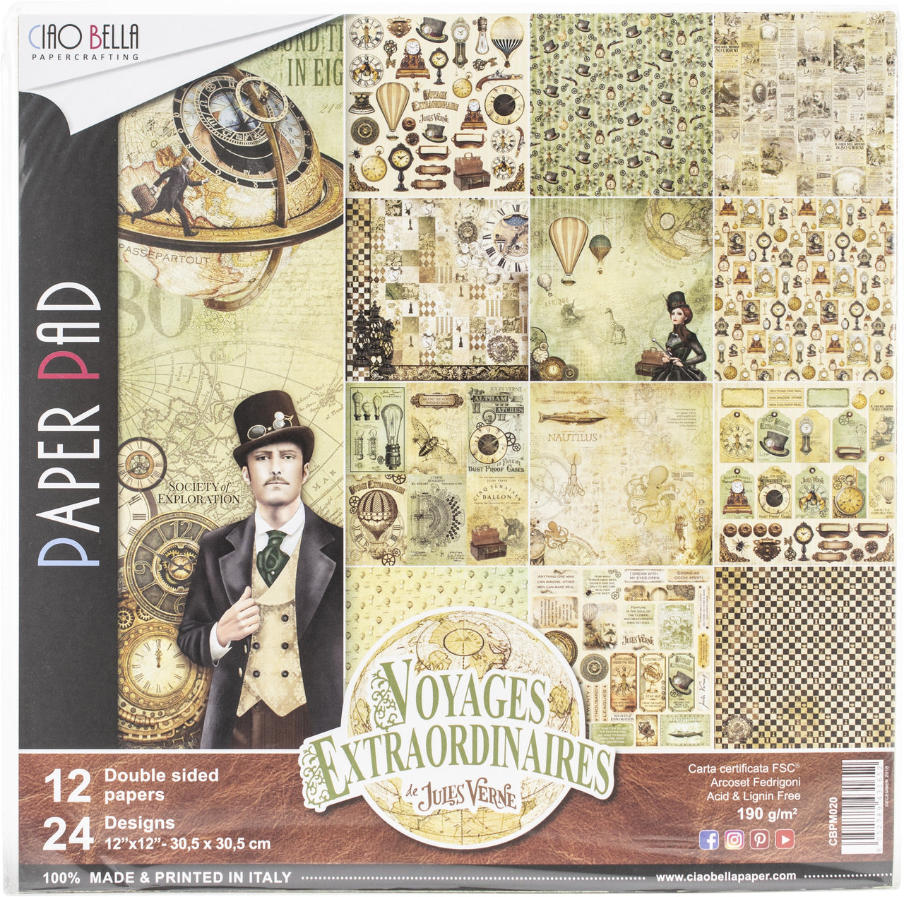 Ciao Bella Double-Sided Paper Pack 90lb 12"X12" 12/Pkg - Voyages Extraordinaires, 12 Designs/1 Ea