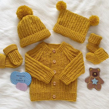 Zack baby knitting pattern cardigan, hat, mitts and booties 0-6 mths 18" chest