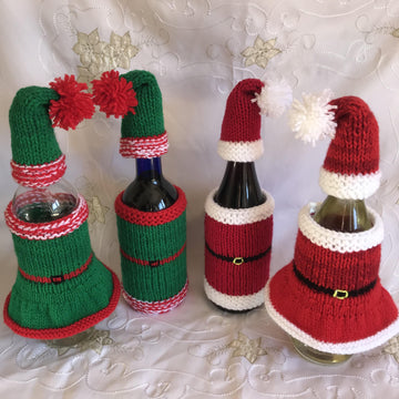 DK straight needles knitting pattern Santa and Elf Christmas wine bottle hat jacket & dress