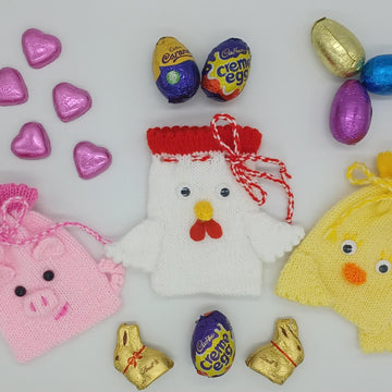 Farmyard Chocolate Easter Egg Treat Bags Knitting Pattern Hunt Chick/Pig/Chicken