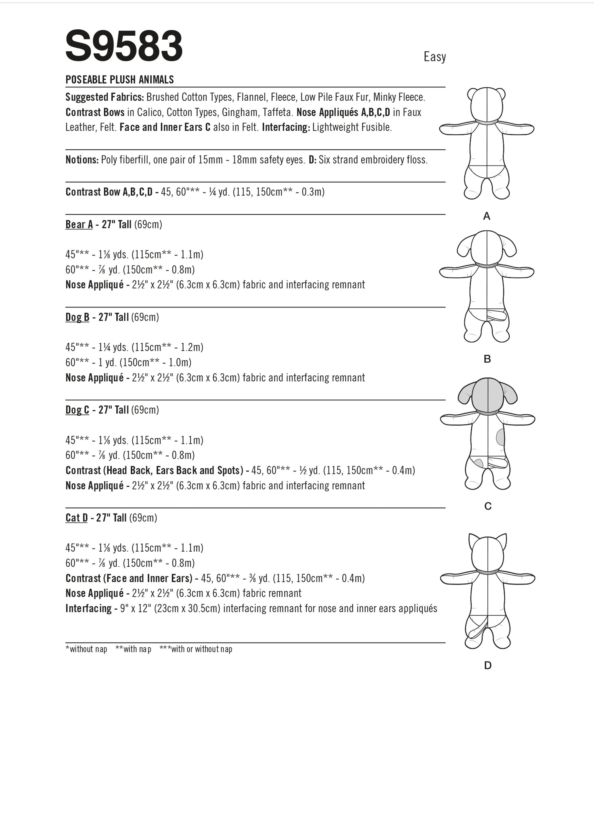 Simplicity Poseable Plush Animals by Elaine Heigl S9583 - Paper Pattern, Size One Size Only