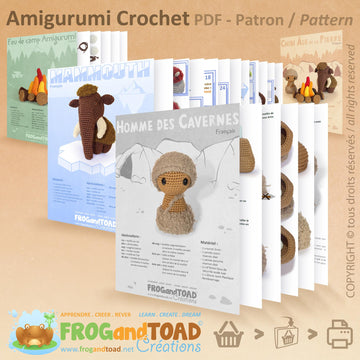 AMIGURUMI TIME TRAVEL Crochet Set - Stone Ice Age Elephant Ancient Egypt Space Astronaut Caveman Mammoth Pharoah Cat Sci-fi Nerd Geek FROGandTOAD Créations