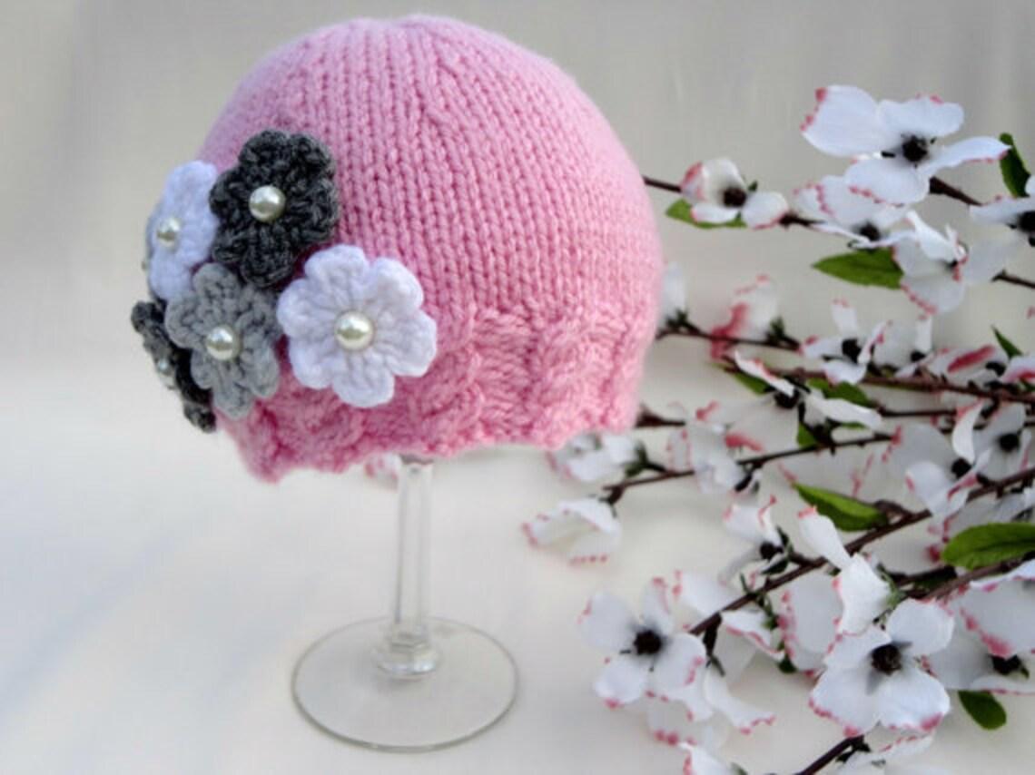 Knitting PATTERN Baby Hat with Crochet Flower and Pom Pom