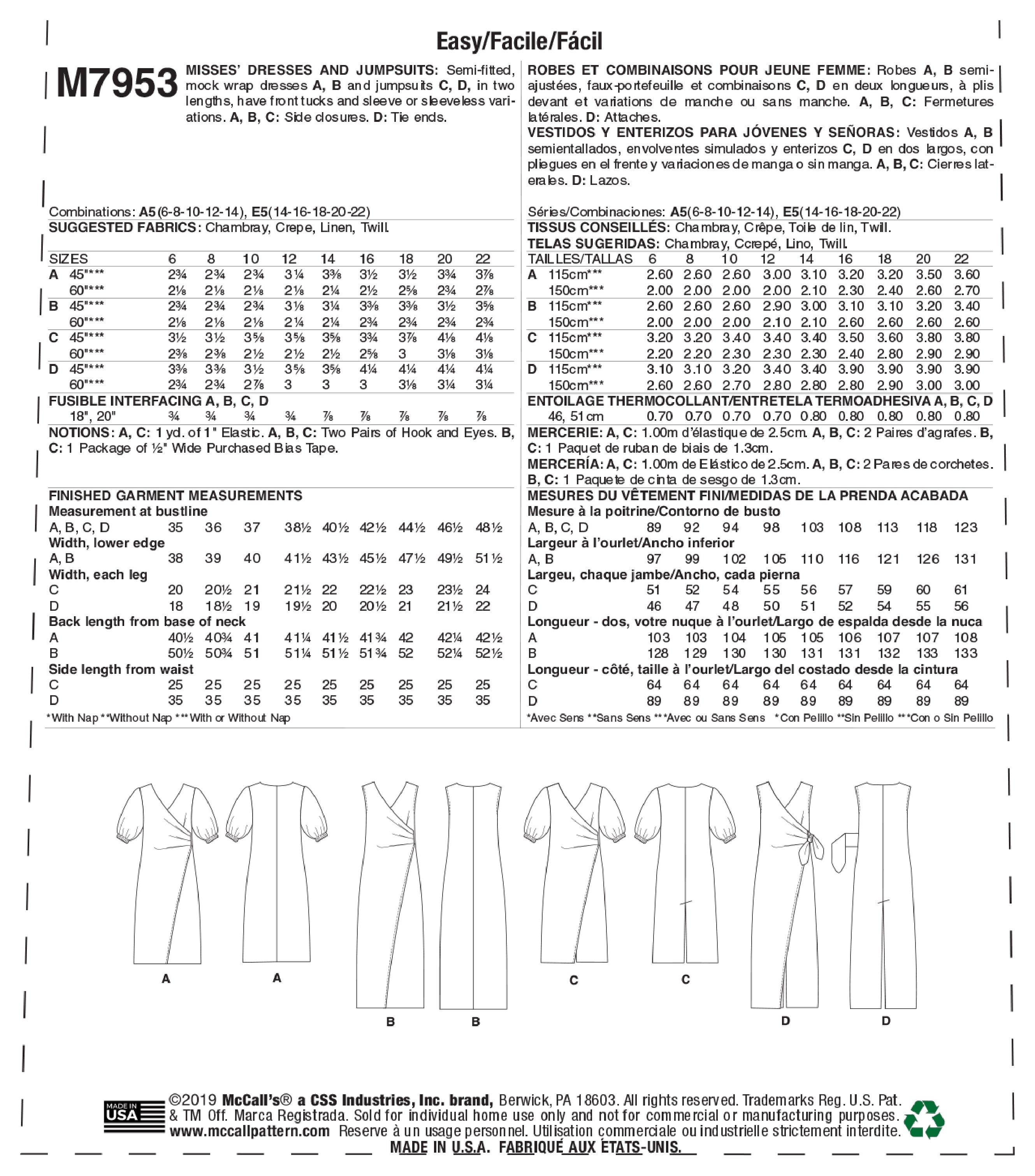 McCall's Misses' Dresses and Jumpsuits M7953 - Sewing Pattern