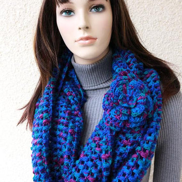 Puff Stitch Infinity Scarf With Flower