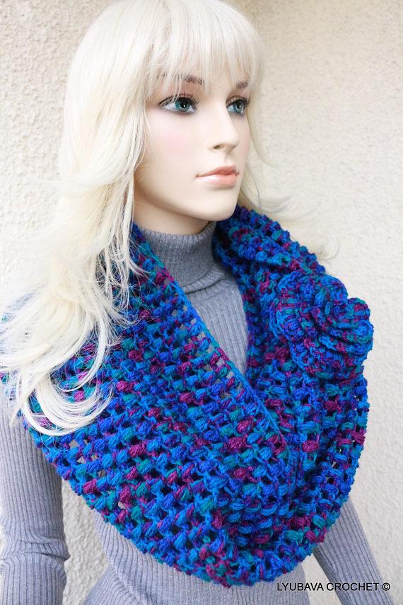 Puff Stitch Infinity Scarf With Flower