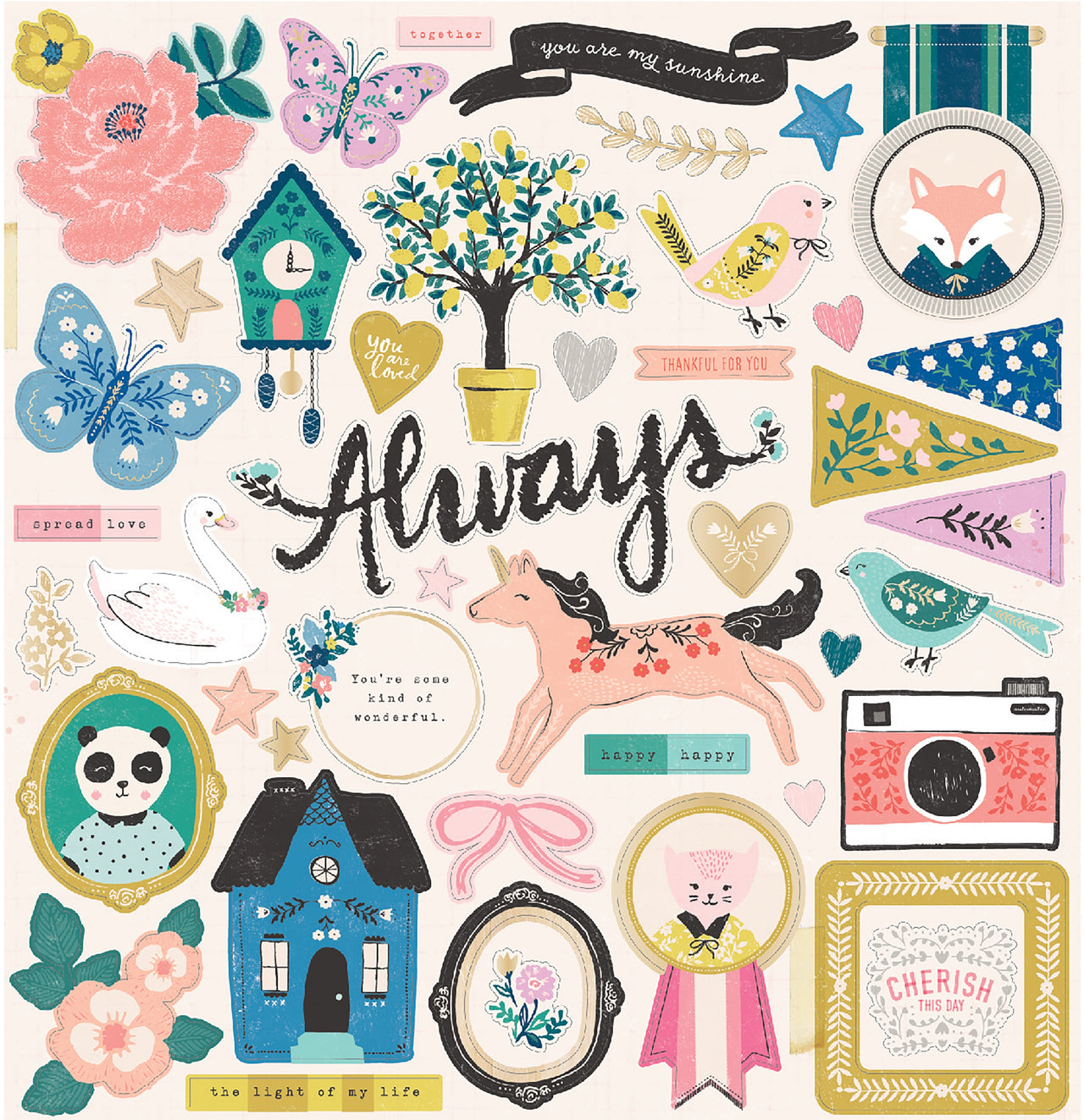 American Crafts Maggie Holmes Willow Lane Chipboard Stickers 44/Pkg - W/Gold Foil Accents