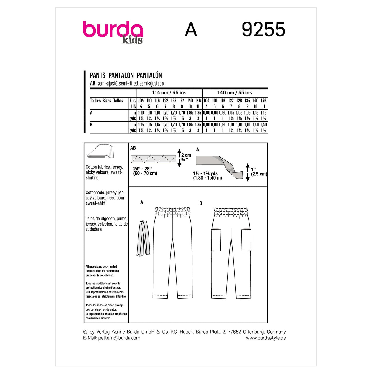 Burda Style Children's Pull-On Pants B9255 - Sewing Pattern