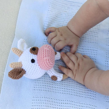 Cow crochet pattern Baby rattle toy Amigurumi farm animal Teether ring