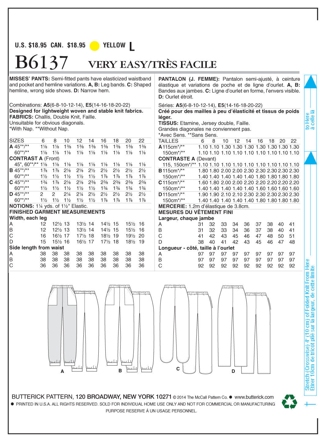 Butterick Misses' Pants B6137 - Sewing Pattern