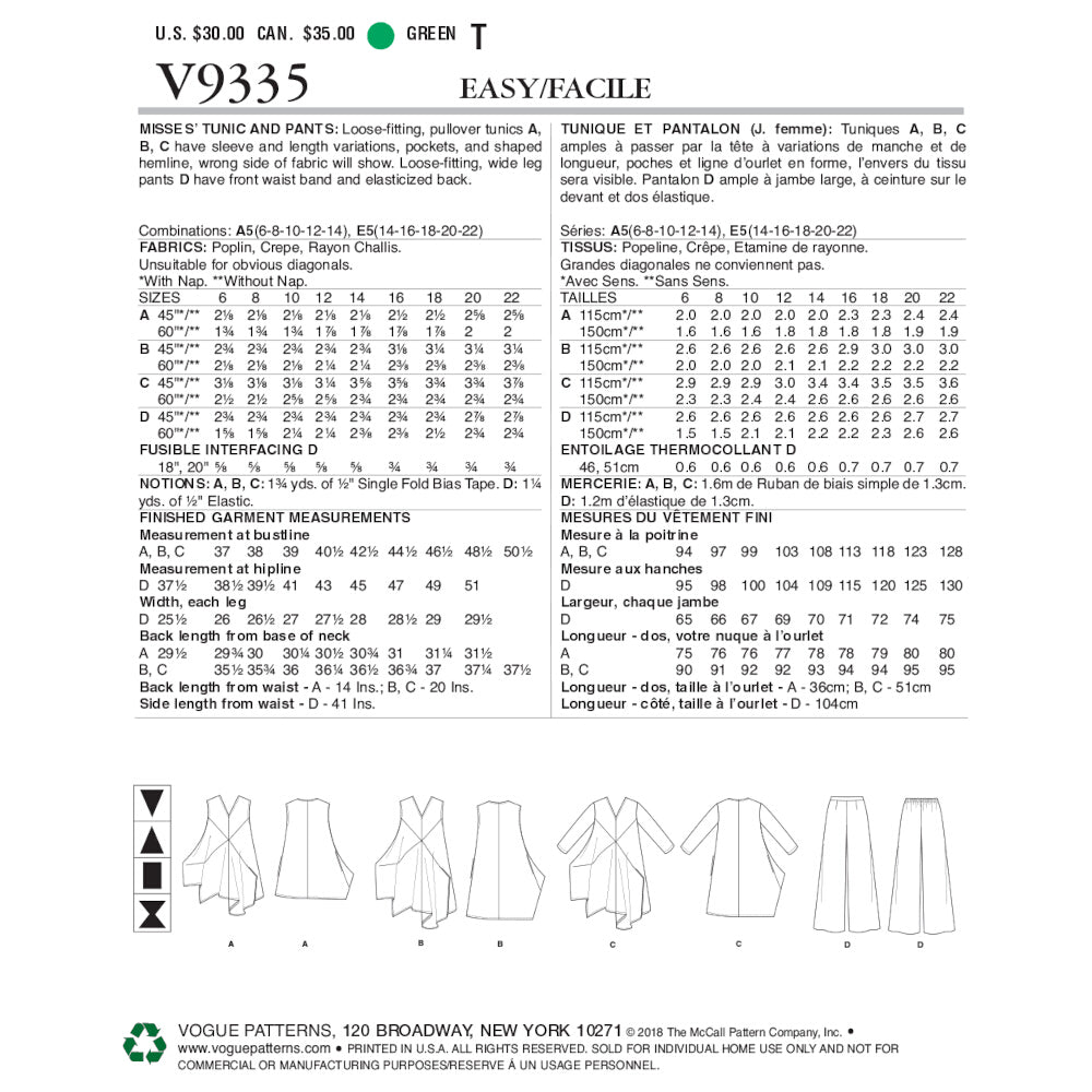 Vogue Misses' Tunic and Pants V9335 - Sewing Pattern