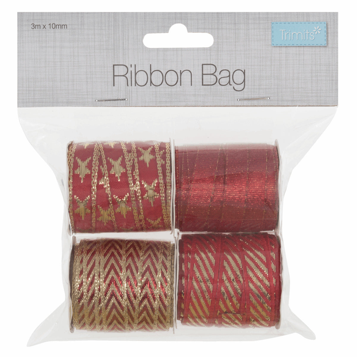 Trimits Ribbon Bag: Red and Gold: 3m x 10mm: 4 Pieces