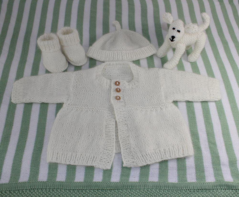 New Baby Matinee Coat, Booties Beanie and Toy Lamb