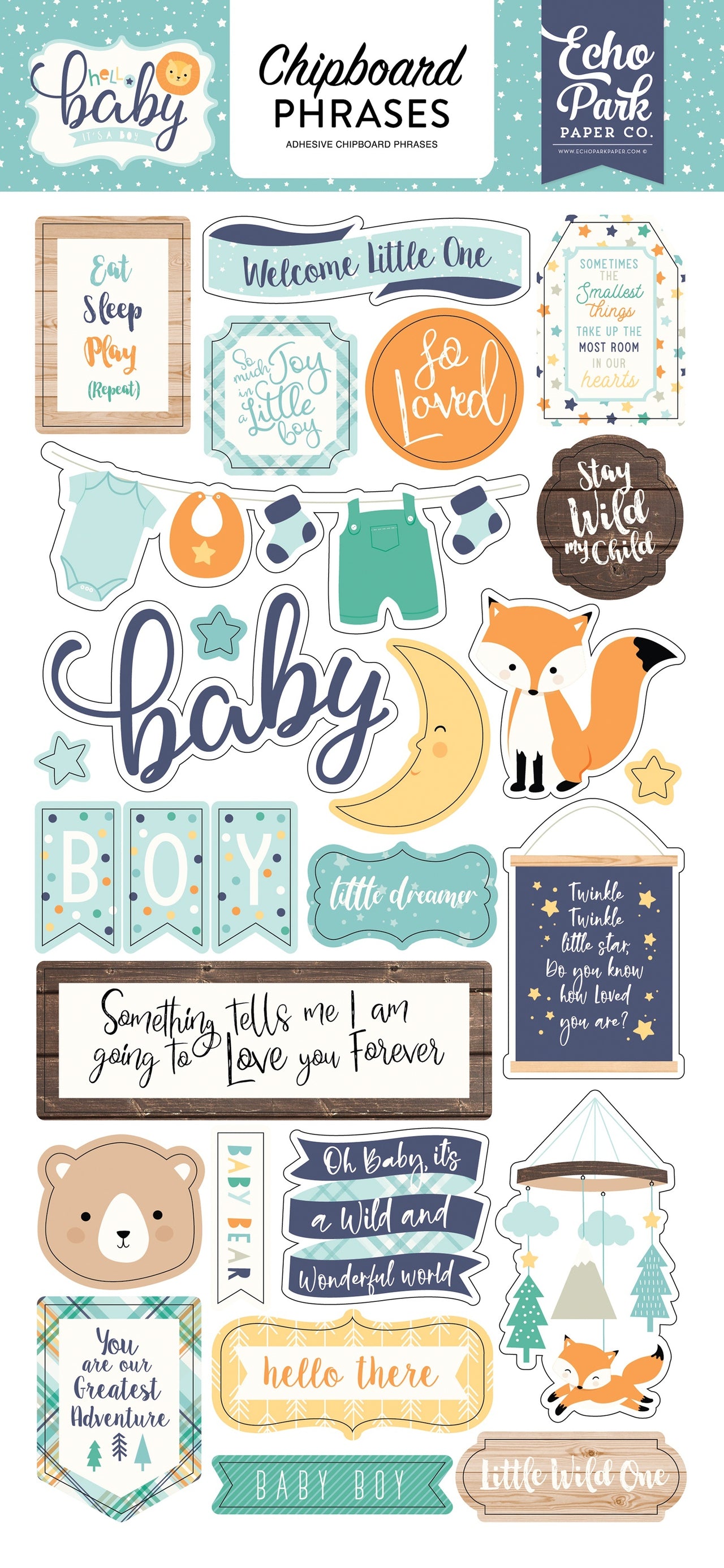 Echo Park Paper Hello Baby Boy Chipboard 6"X13" - Phrases