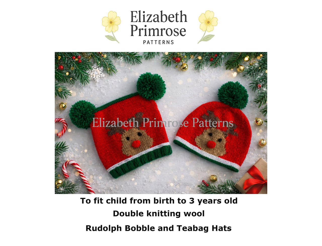 Rudolph Bobble Hat & Teabag Hat DK Knitting Pattern P2 — Elizabeth Primrose Patterns
