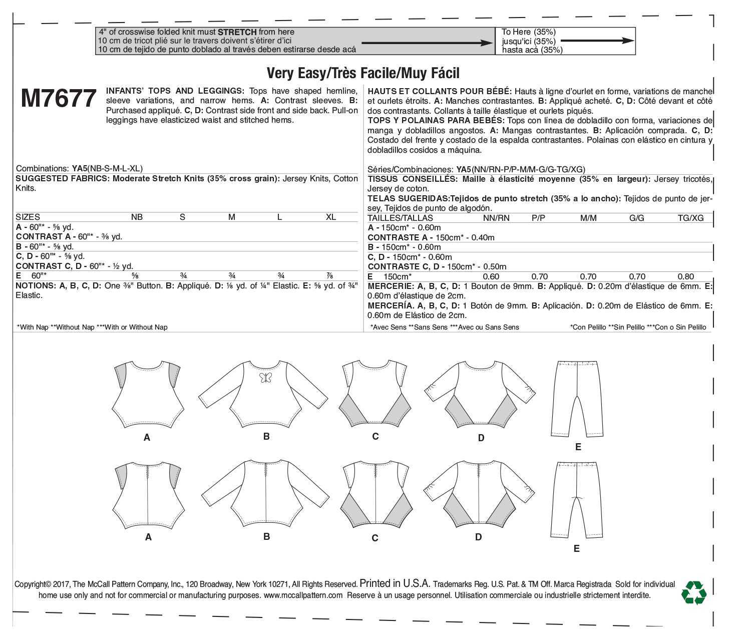 McCall's Infants Contrast Tops and Leggings M7677 - Sewing Pattern