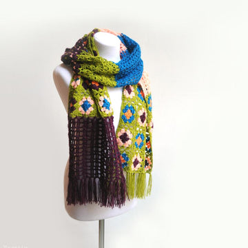 Farfallina patchwork crochet scarf with fringe