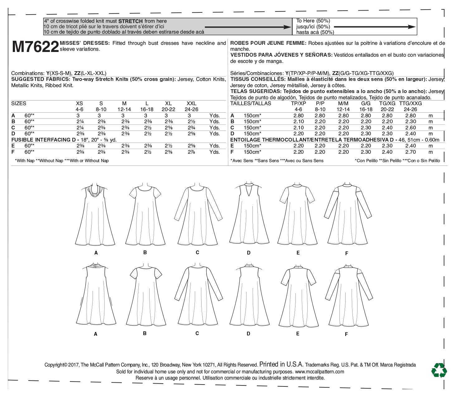 McCall's Misses' Knit Swing Dresses with Neckline and Sleeve Variations M7622 - Sewing Pattern