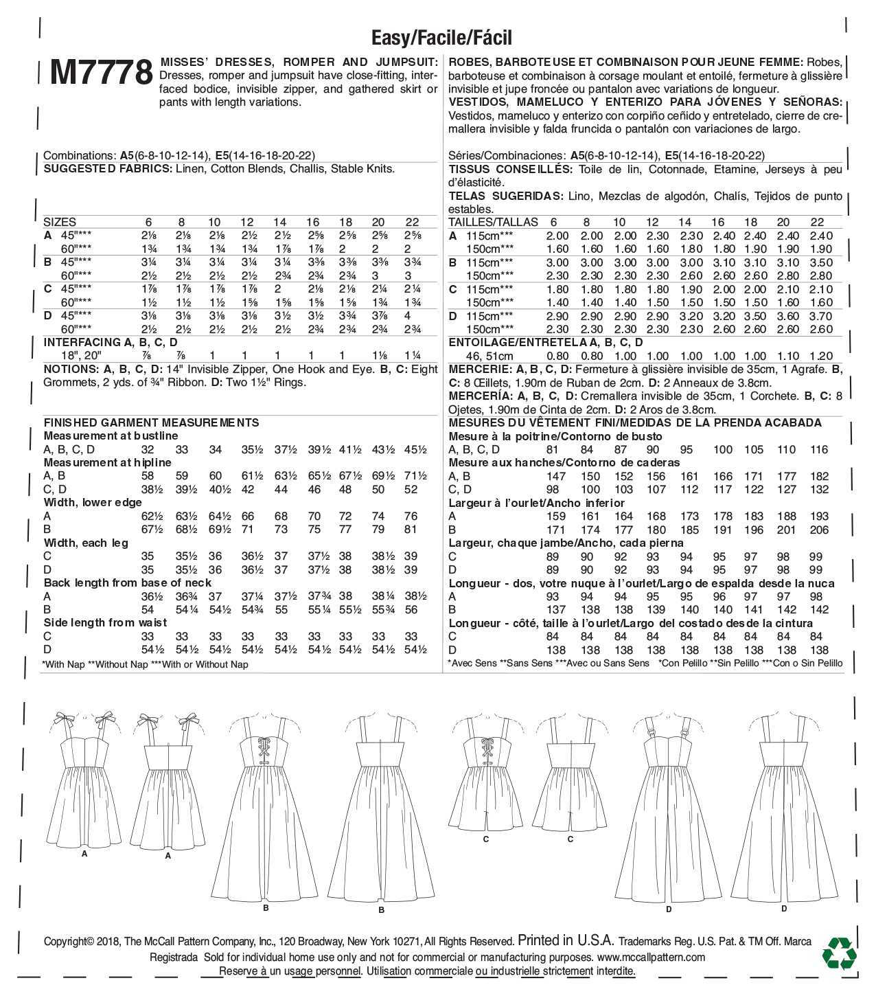 McCall's Misses' Dresses, Romper and Jumpsuit M7778 - Sewing Pattern